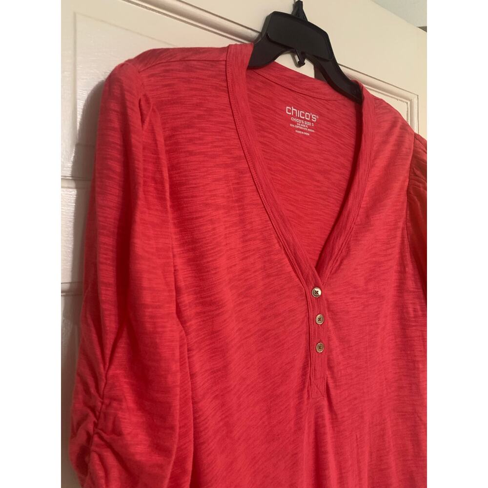 New With Tags Chico’s Pink Tee Top V Neck Puff Ruched Sleeve Layering Plus Size